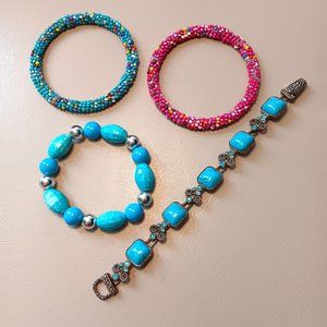 4 piece lot of turquoise color and seed bead bracelets fashion jewelry